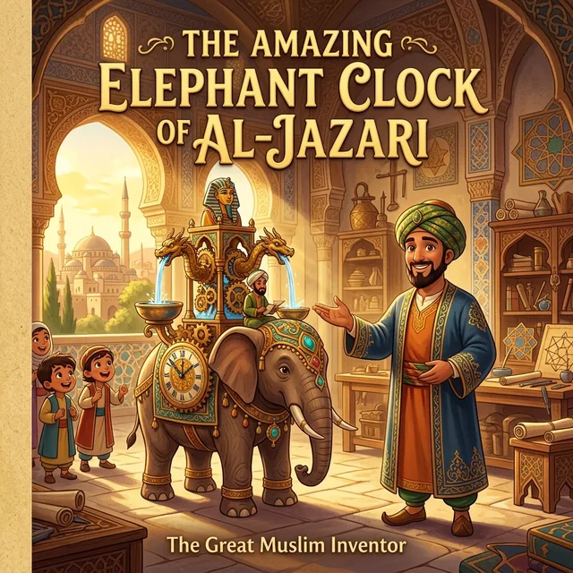 غلاف قصة الْجَزَرِيُّ وَسَاعَةُ الْفِيلِ الْمُدْهِشَةُ للأطفال — قصص اطفال قبل النوم ومصورة هادفة